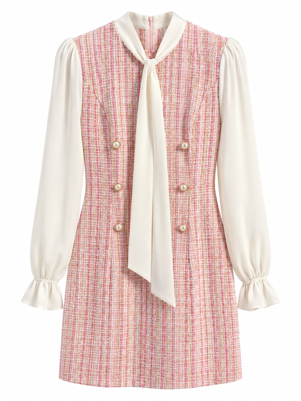 SHEIN Pink Tweed Pearl Button Bow Tie Mini Dress M